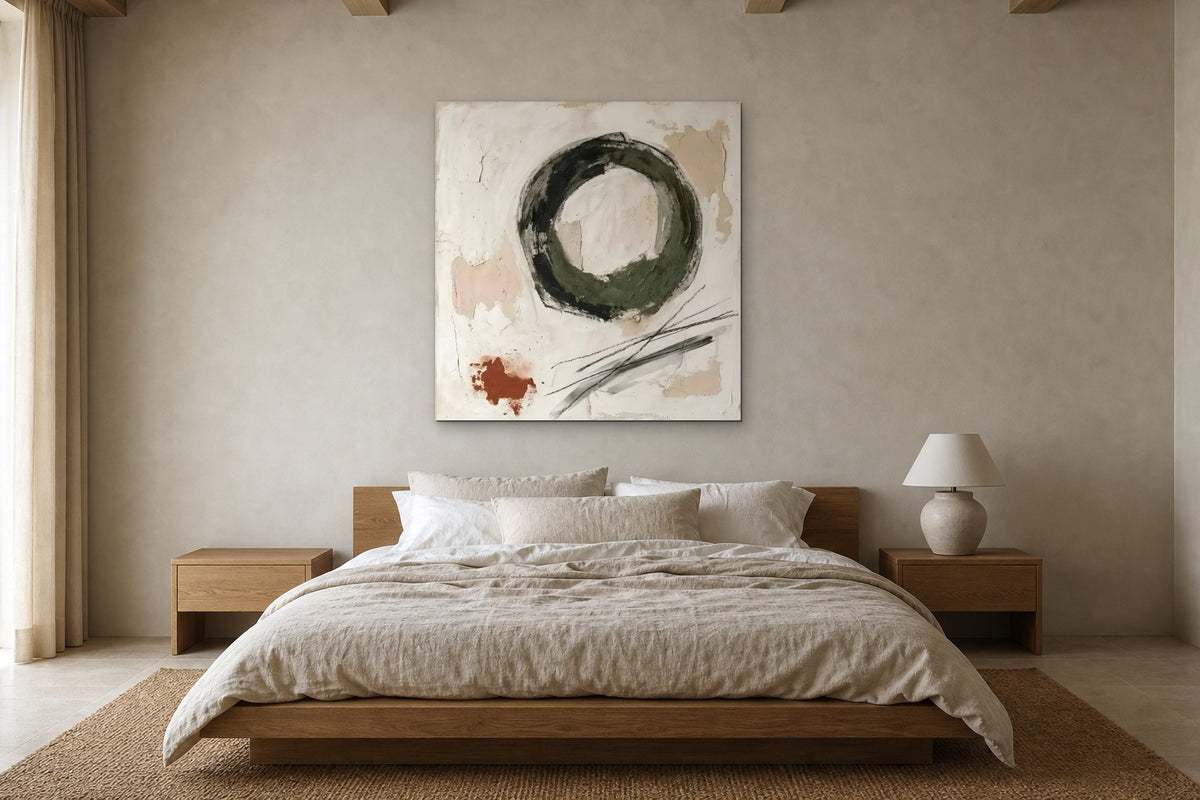 Ensō in Green shown at 120 × 120 cm above a 180 cm oak bed