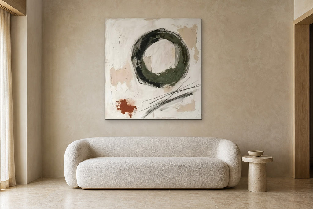 Ensō in Green shown at 120 × 120 cm above a 220 cm boucle sofa