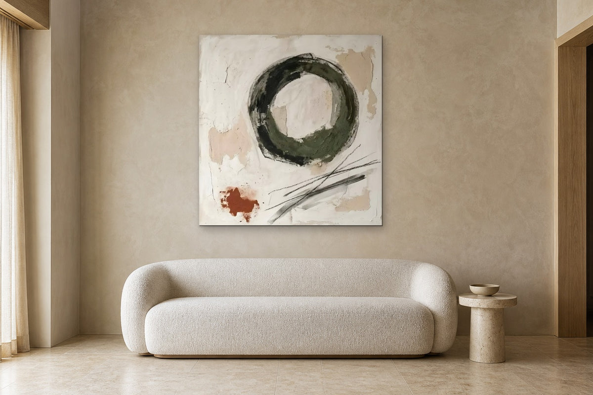 Ensō in Green shown at 120 × 120 cm above a 220 cm boucle sofa