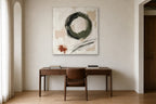 Ensō in Green shown at 100 × 100 cm above a 160 cm walnut desk