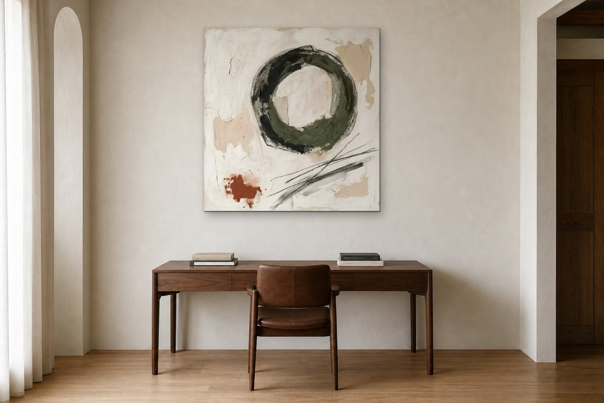 Ensō in Green shown at 100 × 100 cm above a 160 cm walnut desk