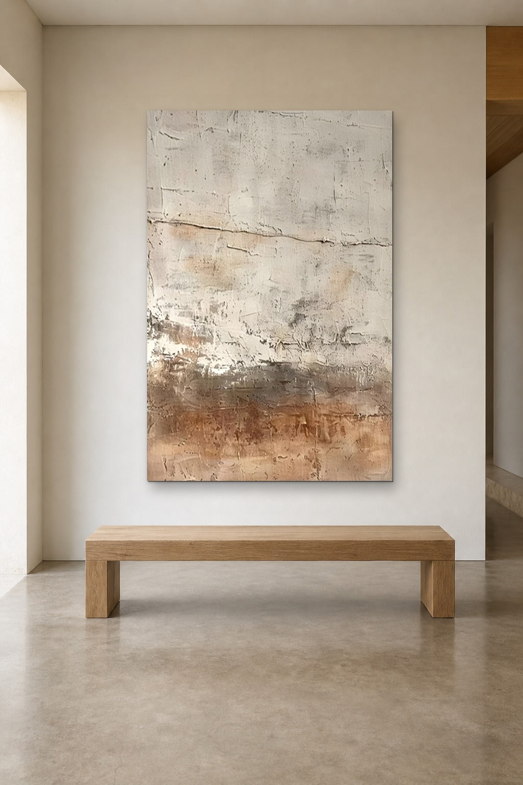 Earth Wall shown at 120 × 180 cm above a 180 cm oak bench