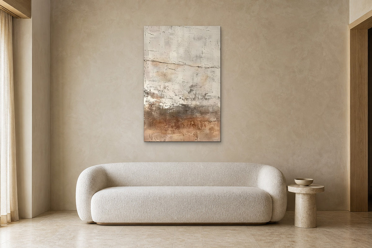 Earth Wall shown at 80 × 130 cm above a 220 cm boucle sofa