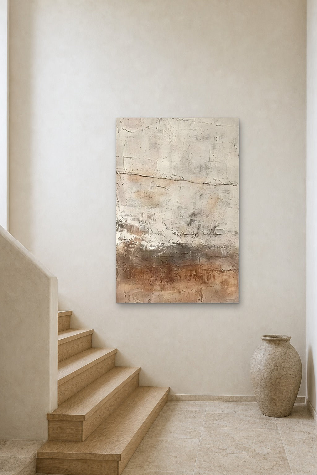 Earth Wall shown at 90 × 130 cm above a stair landing