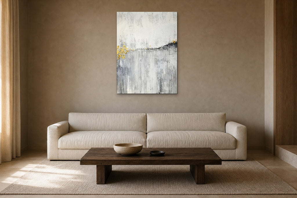 Silver Rain shown at 70 × 100 cm above a 230 cm linen sofa