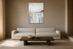 Silver Rain shown at 70 × 100 cm above a 230 cm linen sofa