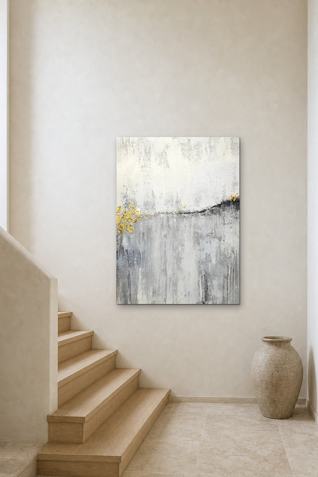 Silver Rain shown at 90 × 130 cm above a stair landing