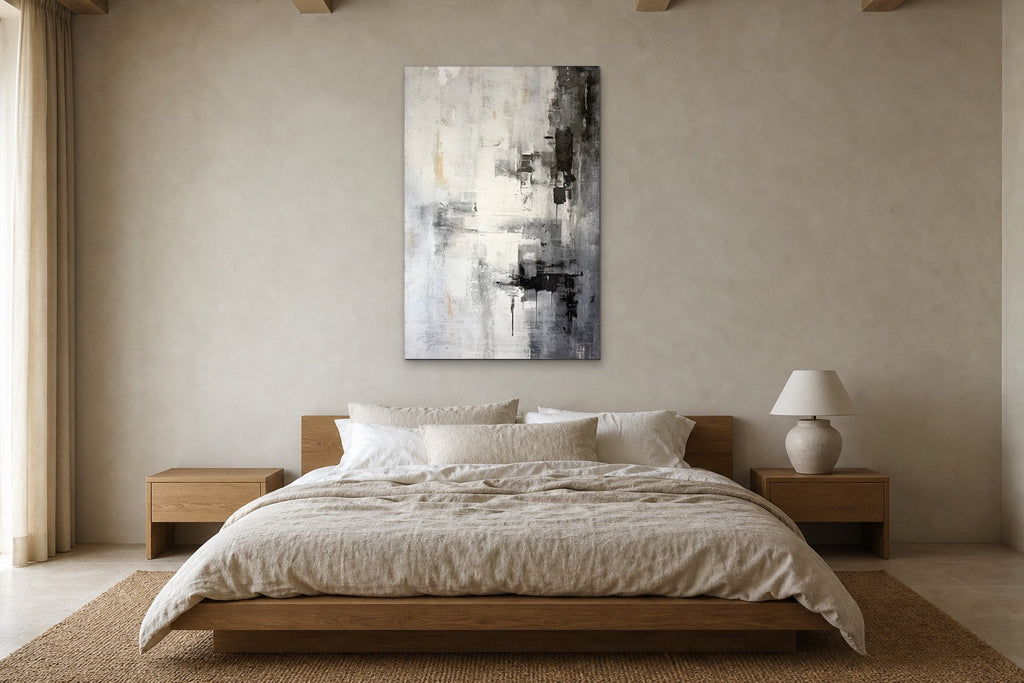 Smoke Study shown at 90 × 130 cm above a 180 cm oak bed