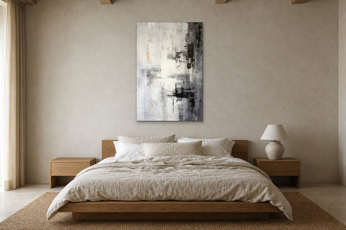 Smoke Study shown at 90 × 130 cm above a 180 cm oak bed