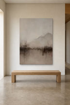 Misty Mountain shown at 120 × 180 cm above a 180 cm oak bench