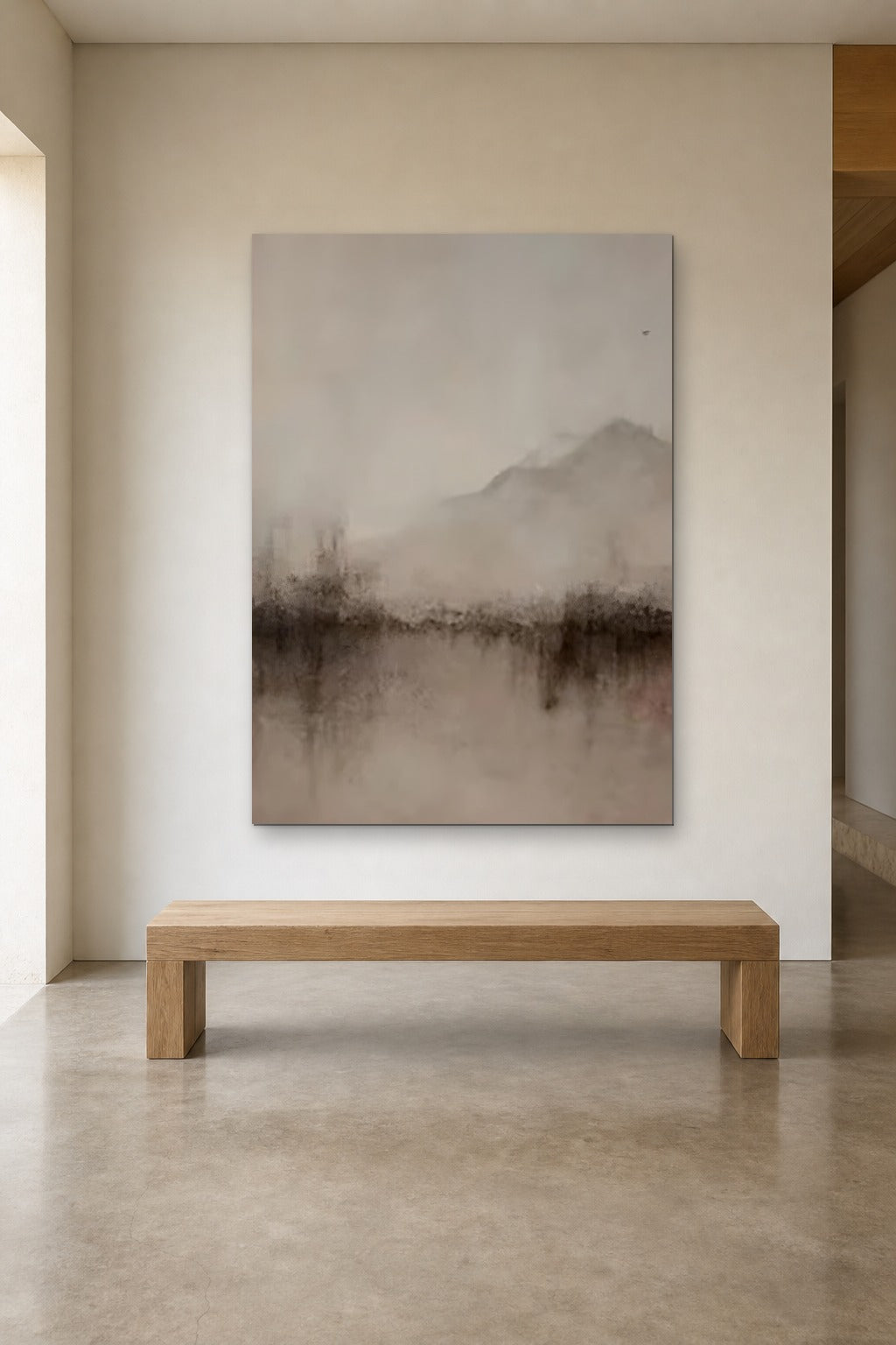 Misty Mountain shown at 120 × 180 cm above a 180 cm oak bench