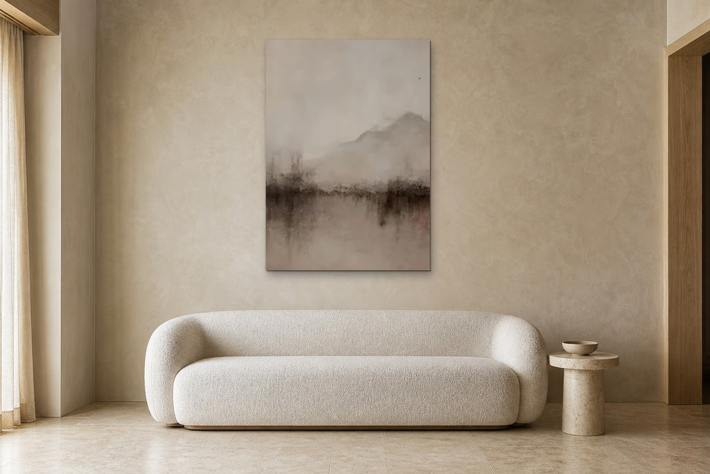 Misty Mountain shown at 90 × 130 cm above a 220 cm boucle sofa