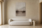 Misty Mountain shown at 90 × 130 cm above a 220 cm boucle sofa