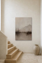Misty Mountain shown at 90 × 130 cm above a stair landing
