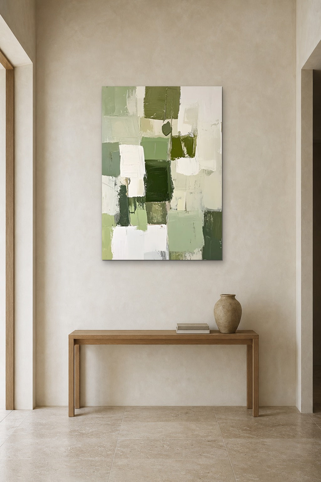 Green Squares shown at 90 × 130 cm above a 140 cm oak console