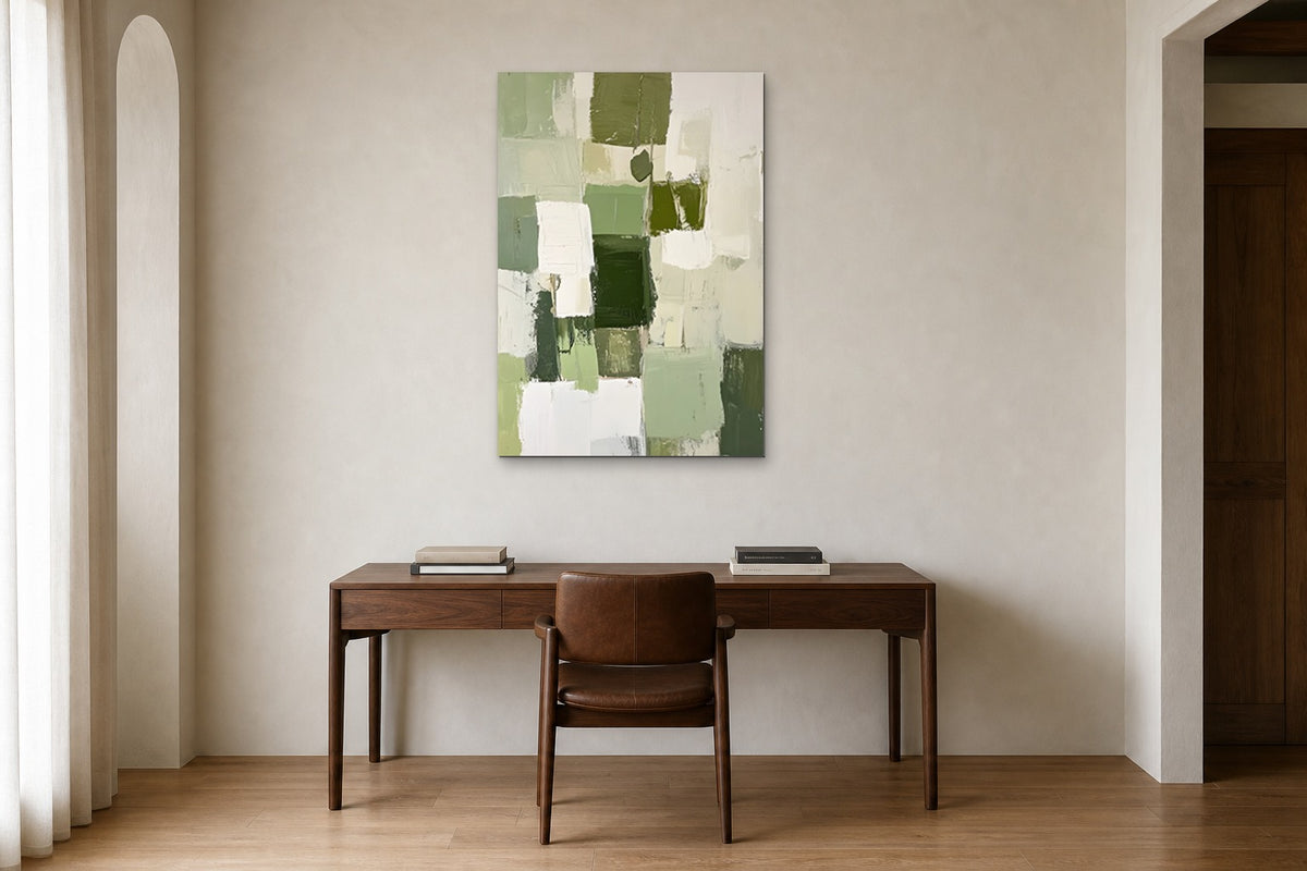 Green Squares shown at 70 × 100 cm above a 160 cm walnut desk