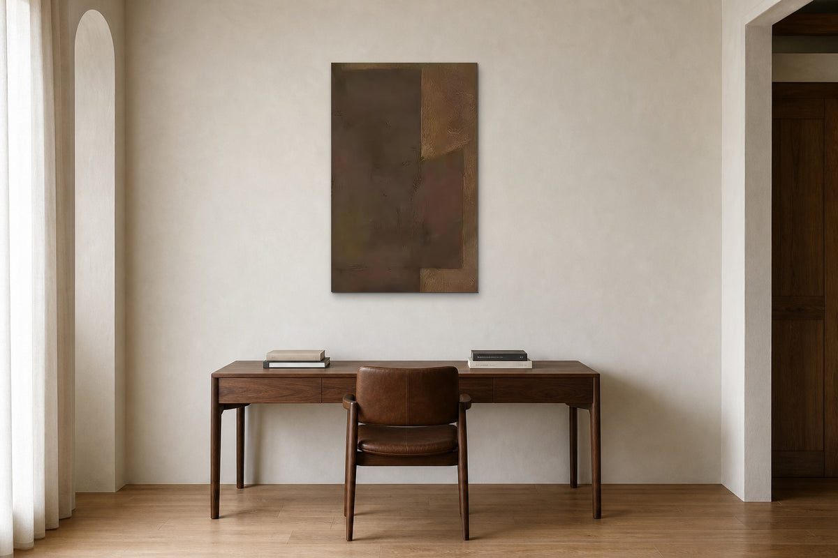 Bronze Panels shown at 60 × 90 cm above a 160 cm walnut desk