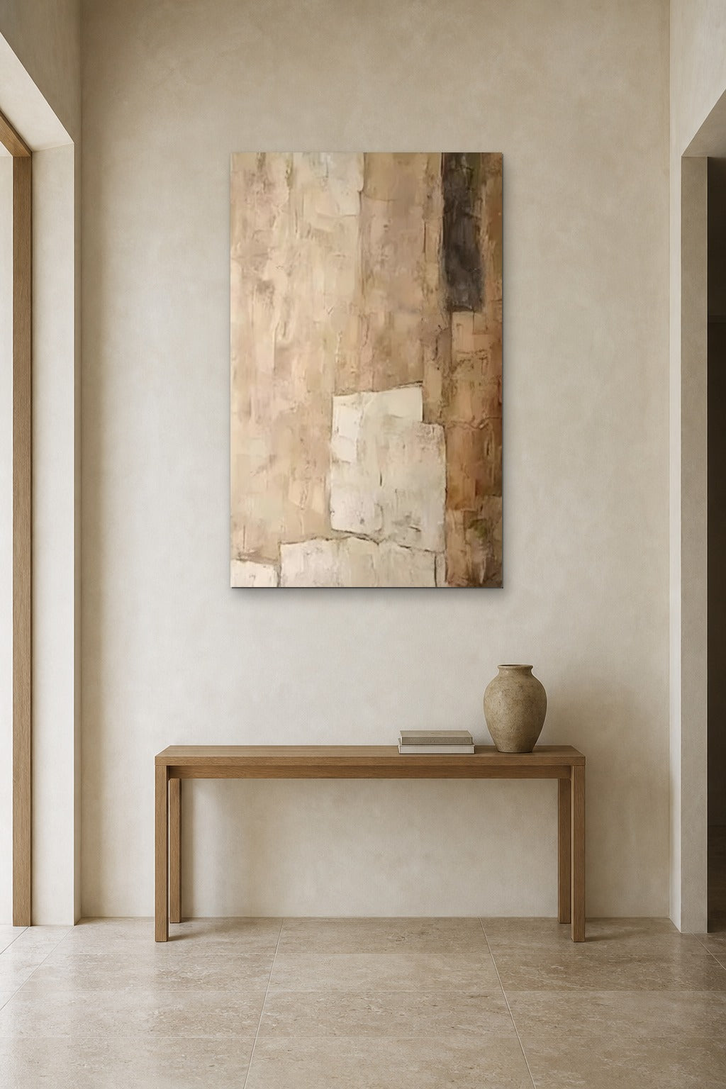 Sandstone shown at 90 × 150 cm above a 140 cm oak console