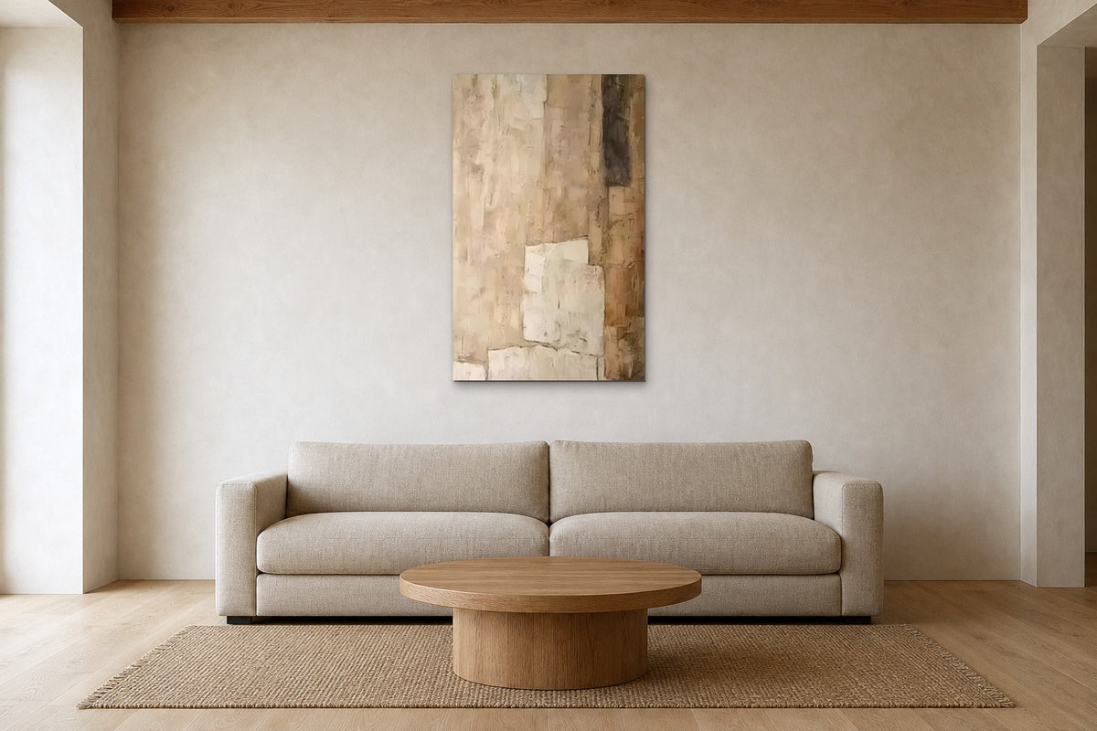 Sandstone shown at 70 × 110 cm above a 240 cm linen sofa