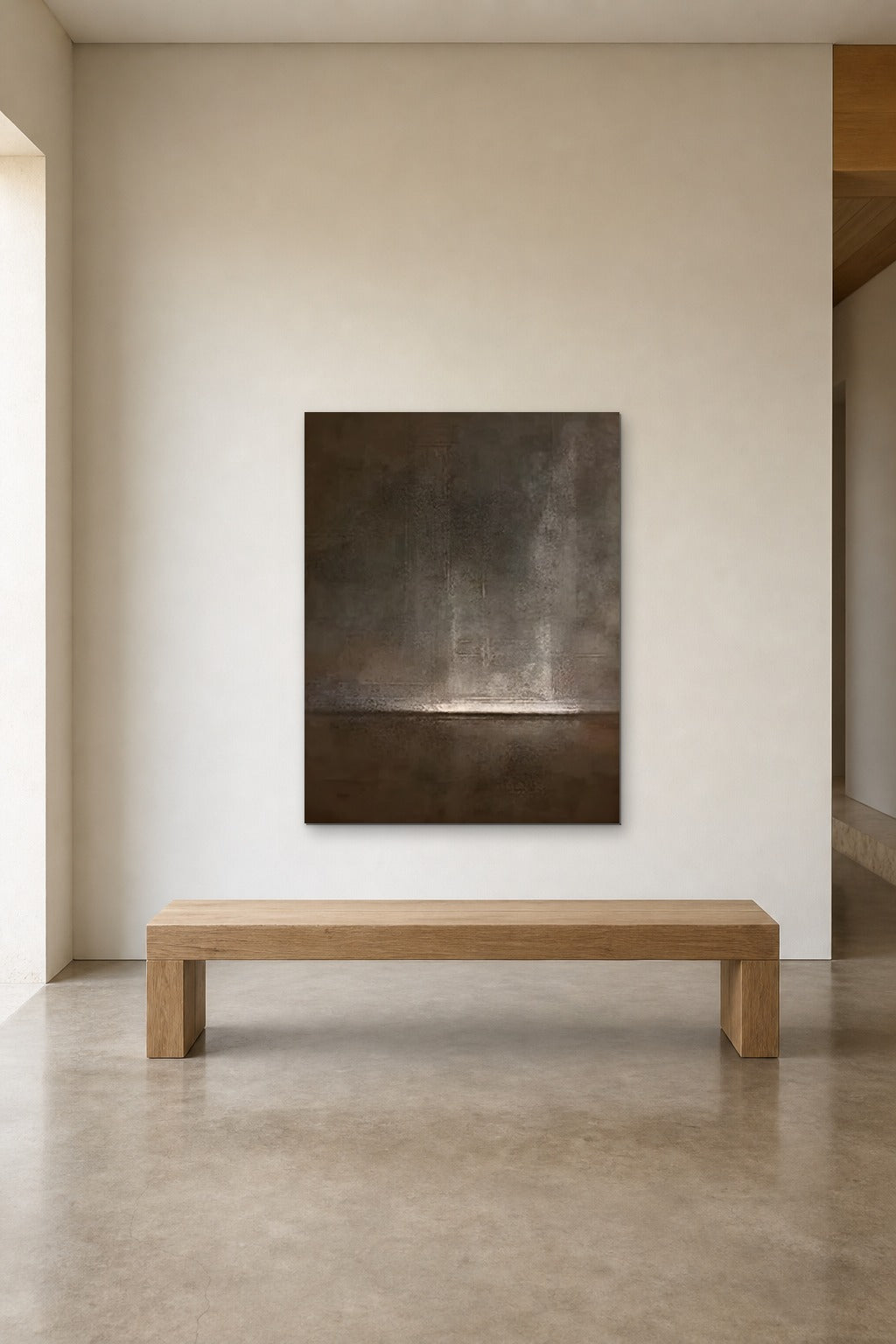 Night Horizon shown at 90 × 120 cm above a 180 cm oak bench