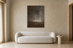 Night Horizon shown at 90 × 120 cm above a 220 cm boucle sofa