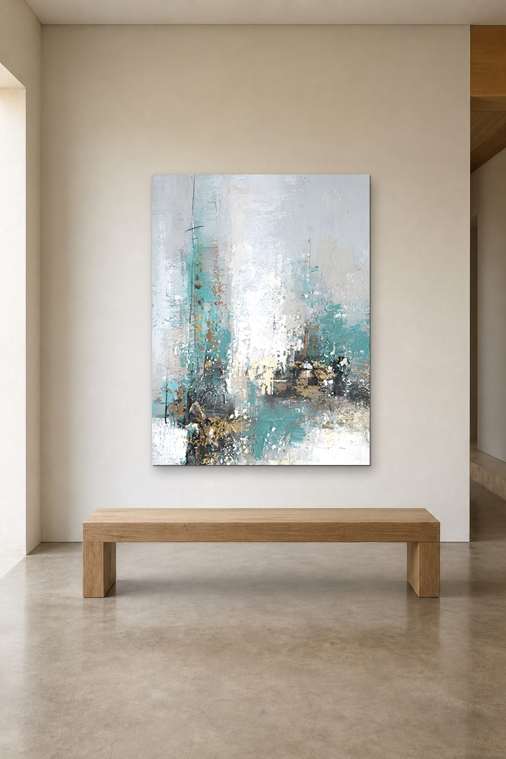 Teal Mist shown at 110 × 160 cm above a 180 cm oak bench