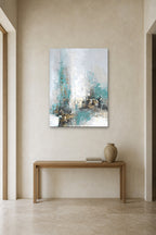 Teal Mist shown at 90 × 130 cm above a 140 cm oak console