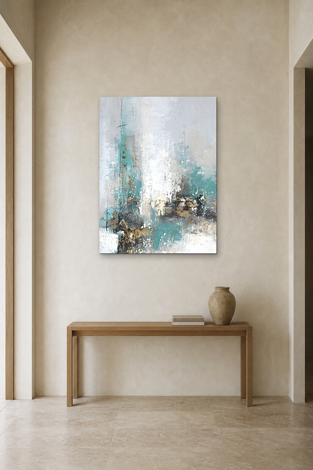 Teal Mist shown at 90 × 130 cm above a 140 cm oak console