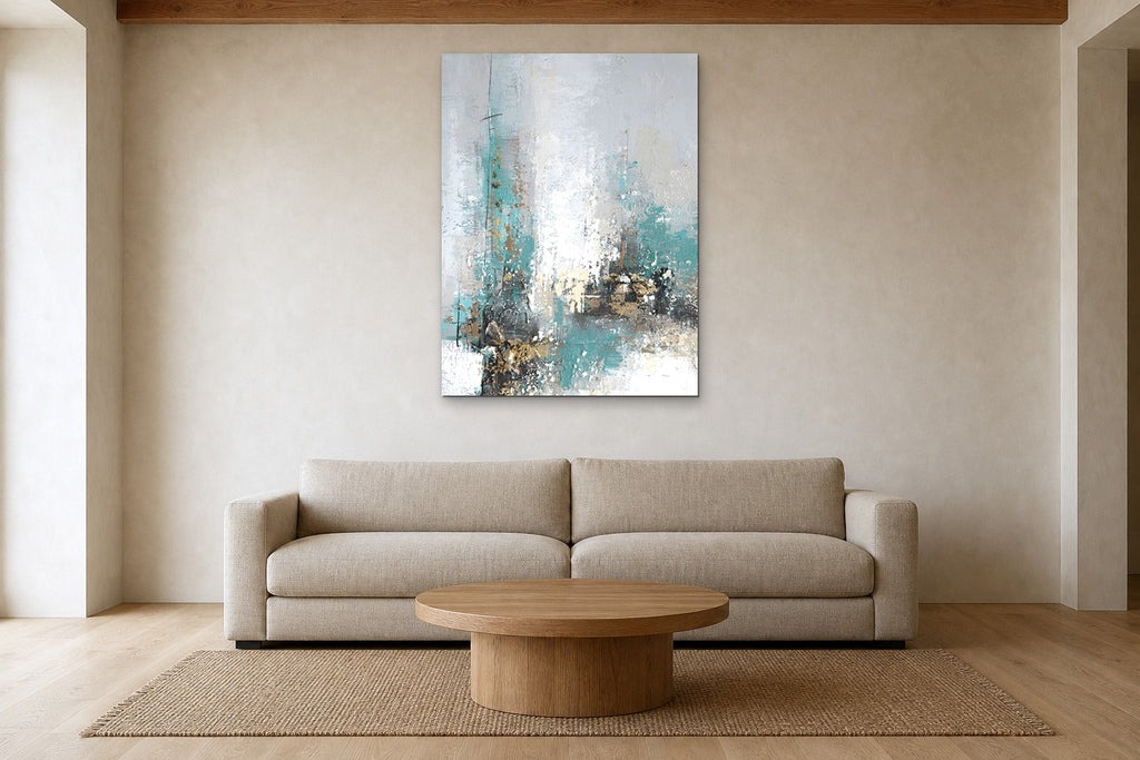 Teal Mist shown at 90 × 130 cm above a 240 cm linen sofa