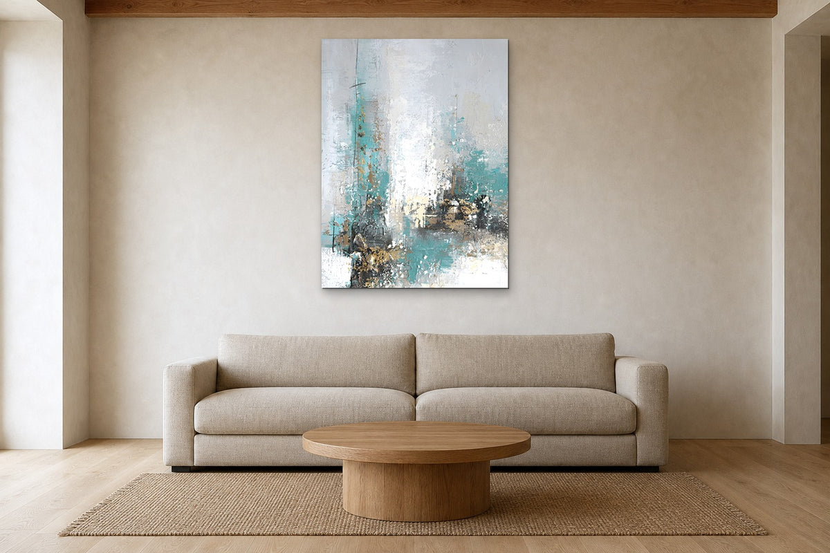 Teal Mist shown at 90 × 130 cm above a 240 cm linen sofa