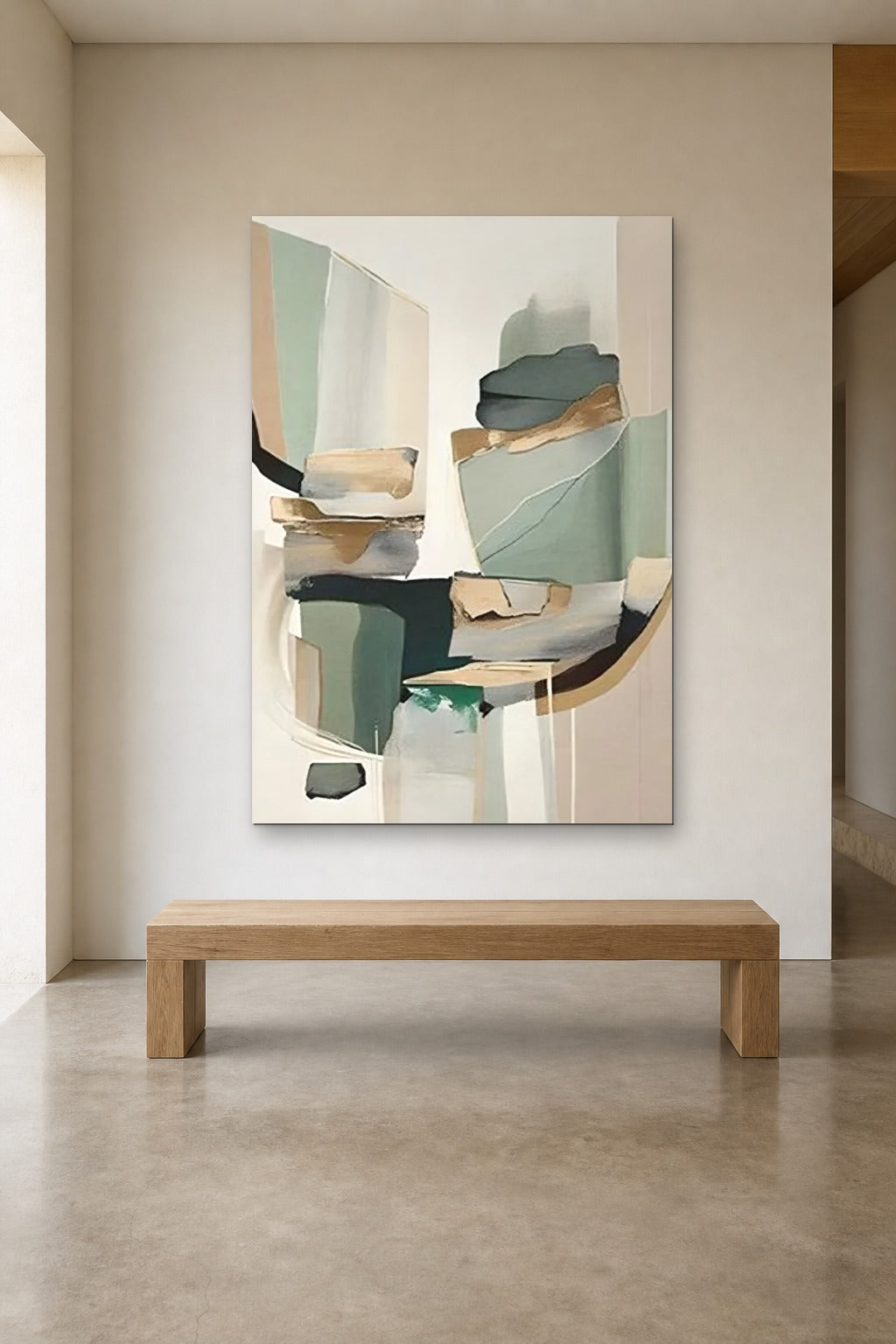 Sage Stones shown at 120 × 180 cm above a 180 cm oak bench