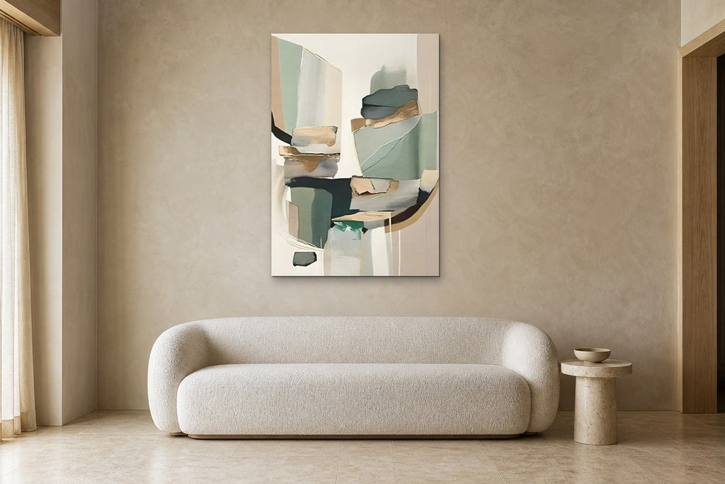 Sage Stones shown at 90 × 130 cm above a 220 cm boucle sofa