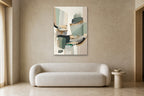 Sage Stones shown at 90 × 130 cm above a 220 cm boucle sofa