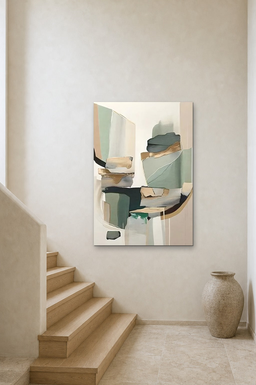 Sage Stones shown at 90 × 130 cm above a stair landing