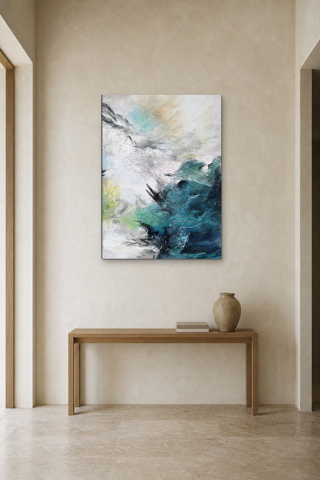 Teal Wave shown at 90 × 130 cm above a 140 cm oak console