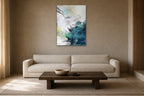 Teal Wave shown at 70 × 100 cm above a 230 cm linen sofa