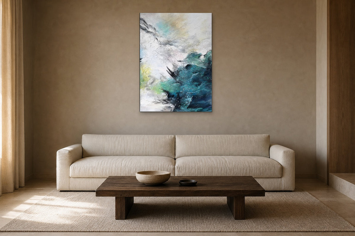 Teal Wave shown at 70 × 100 cm above a 230 cm linen sofa