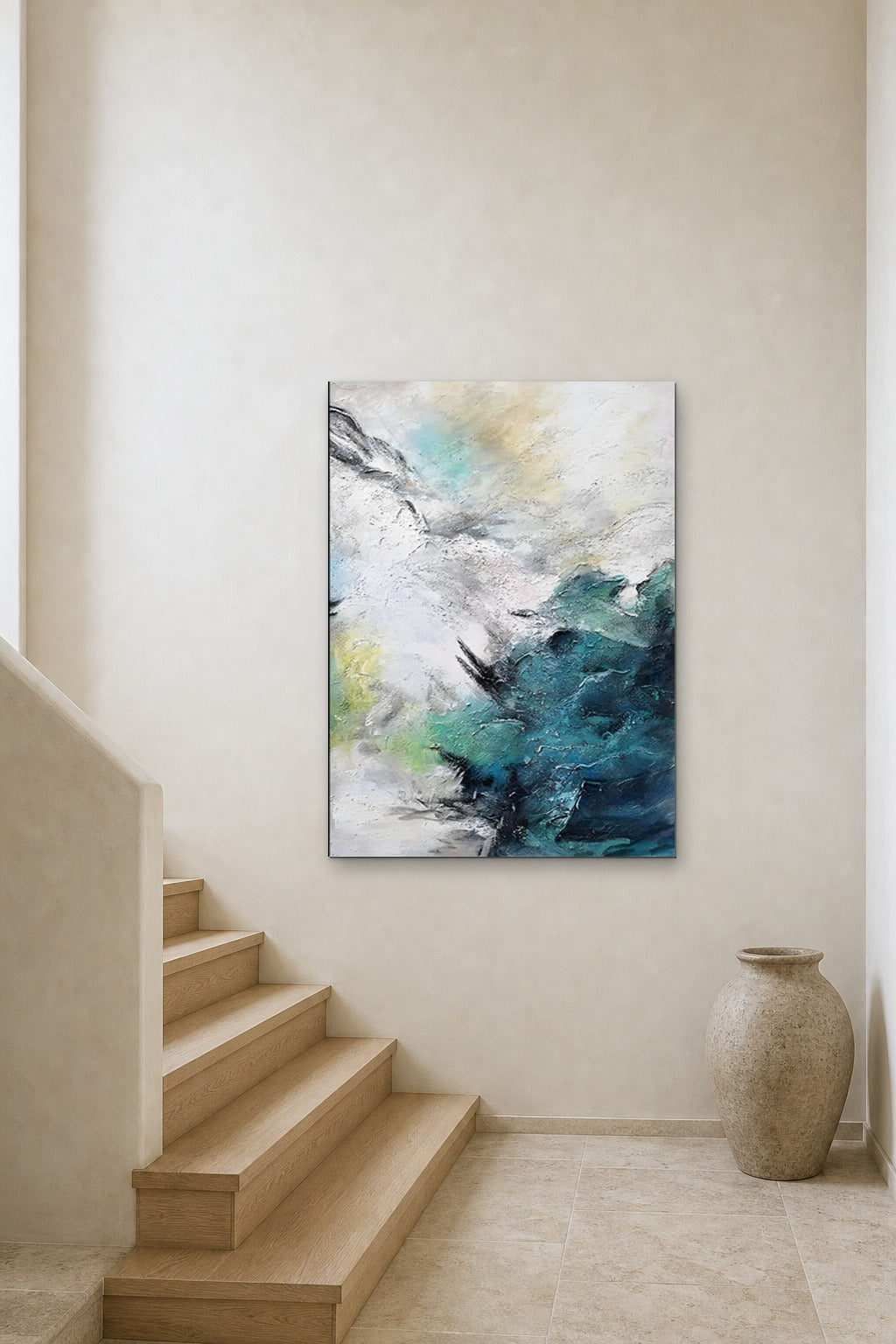 Teal Wave shown at 90 × 130 cm above a stair landing