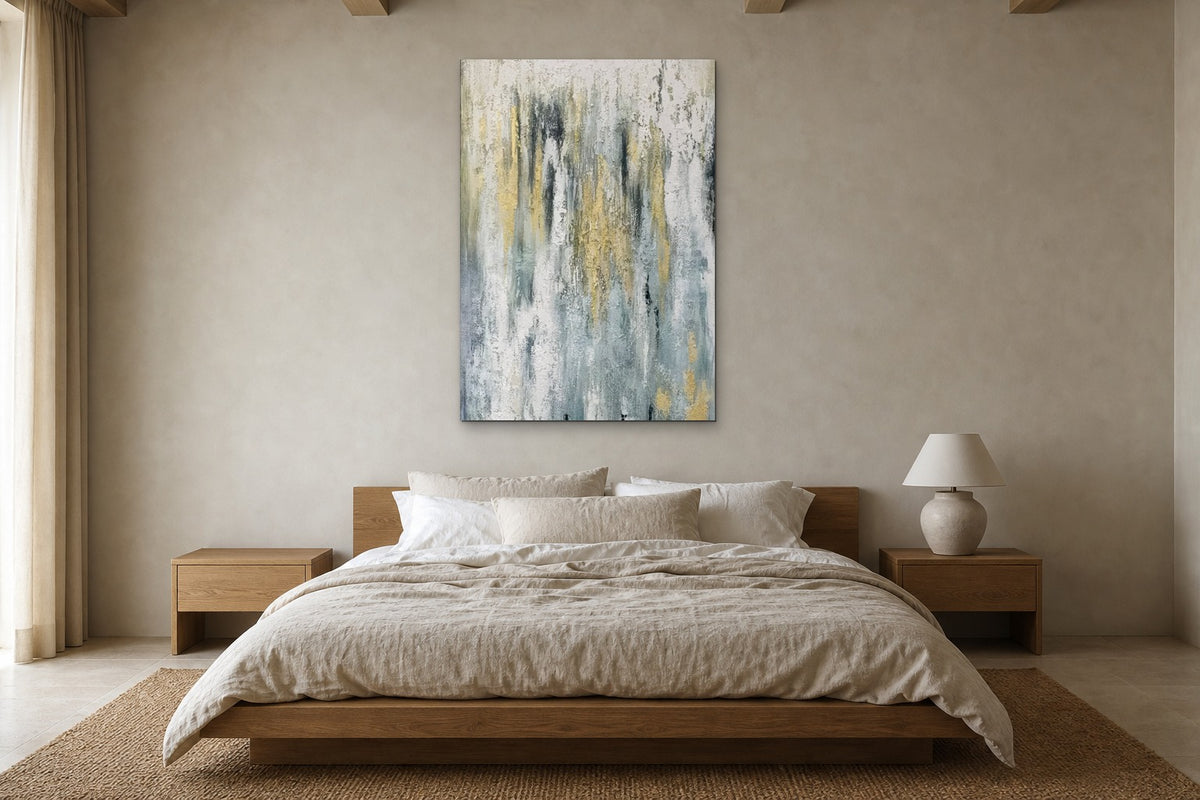 Gold Drizzle shown at 100 × 150 cm above a 180 cm oak bed