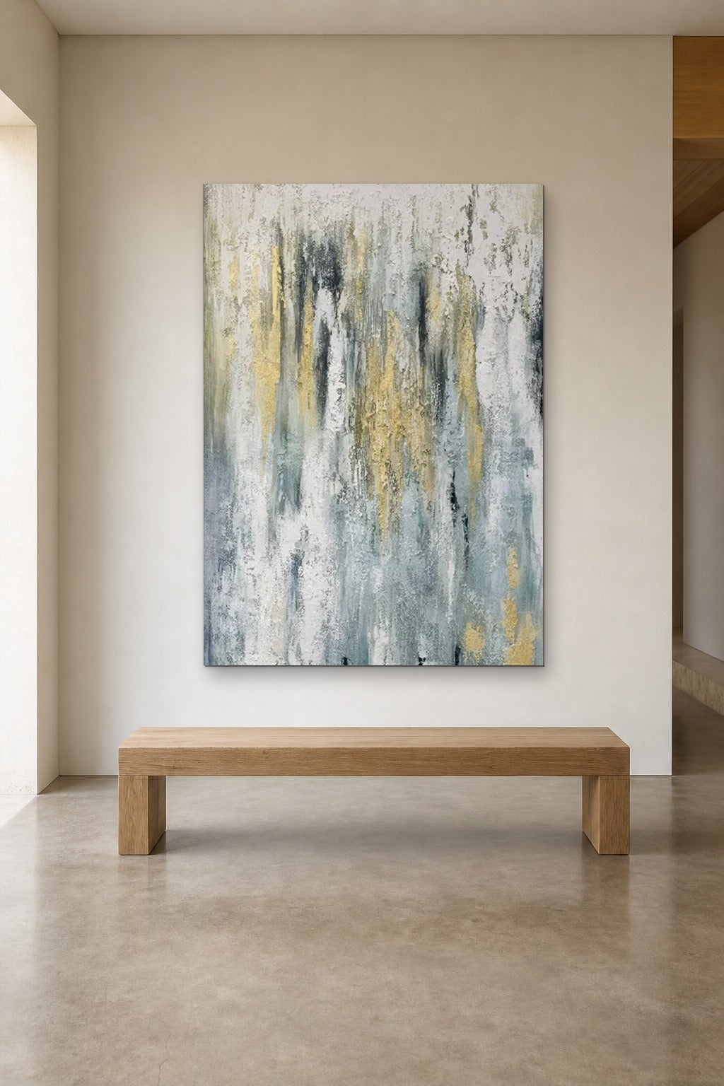 Gold Drizzle shown at 120 × 180 cm above a 180 cm oak bench