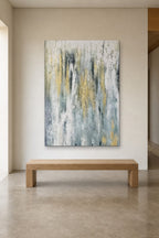 Gold Drizzle shown at 120 × 180 cm above a 180 cm oak bench