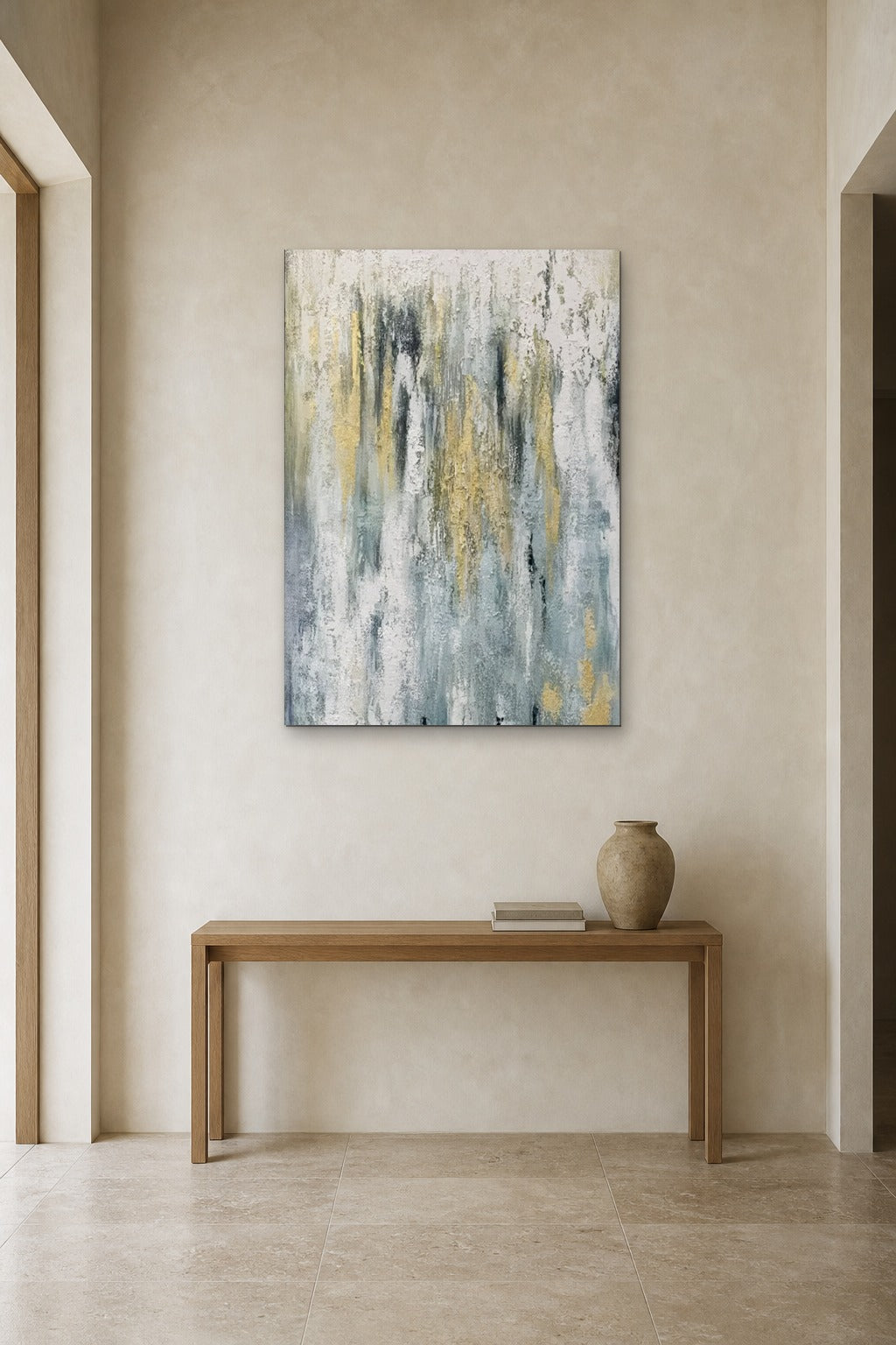 Gold Drizzle shown at 90 × 130 cm above a 140 cm oak console
