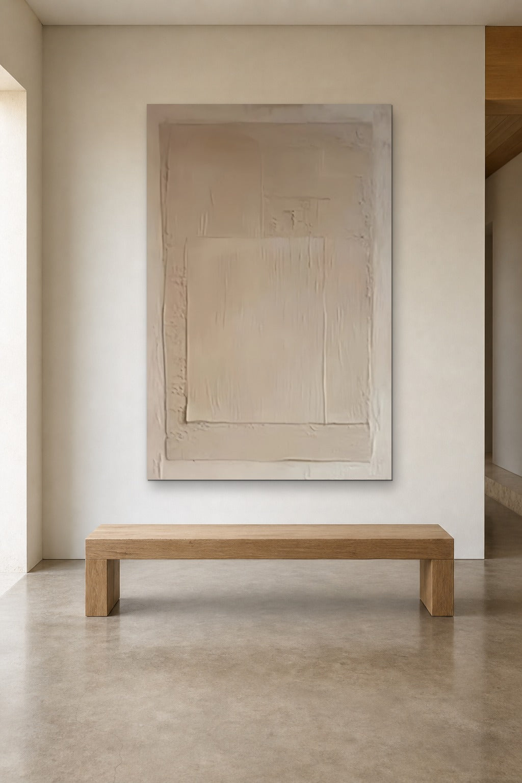 Plaster Frame shown at 120 × 180 cm above a 180 cm oak bench