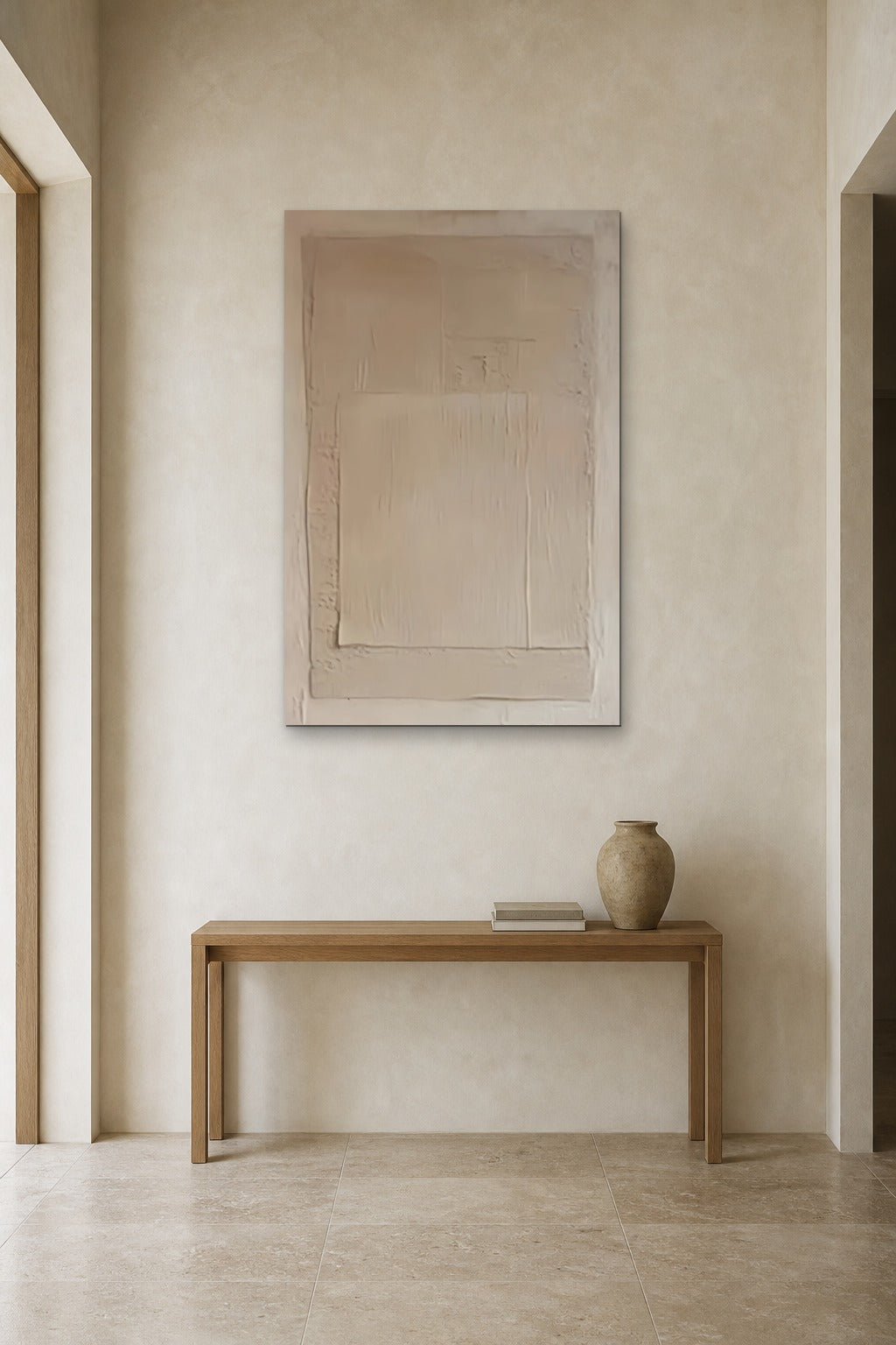 Plaster Frame shown at 90 × 130 cm above a 140 cm oak console