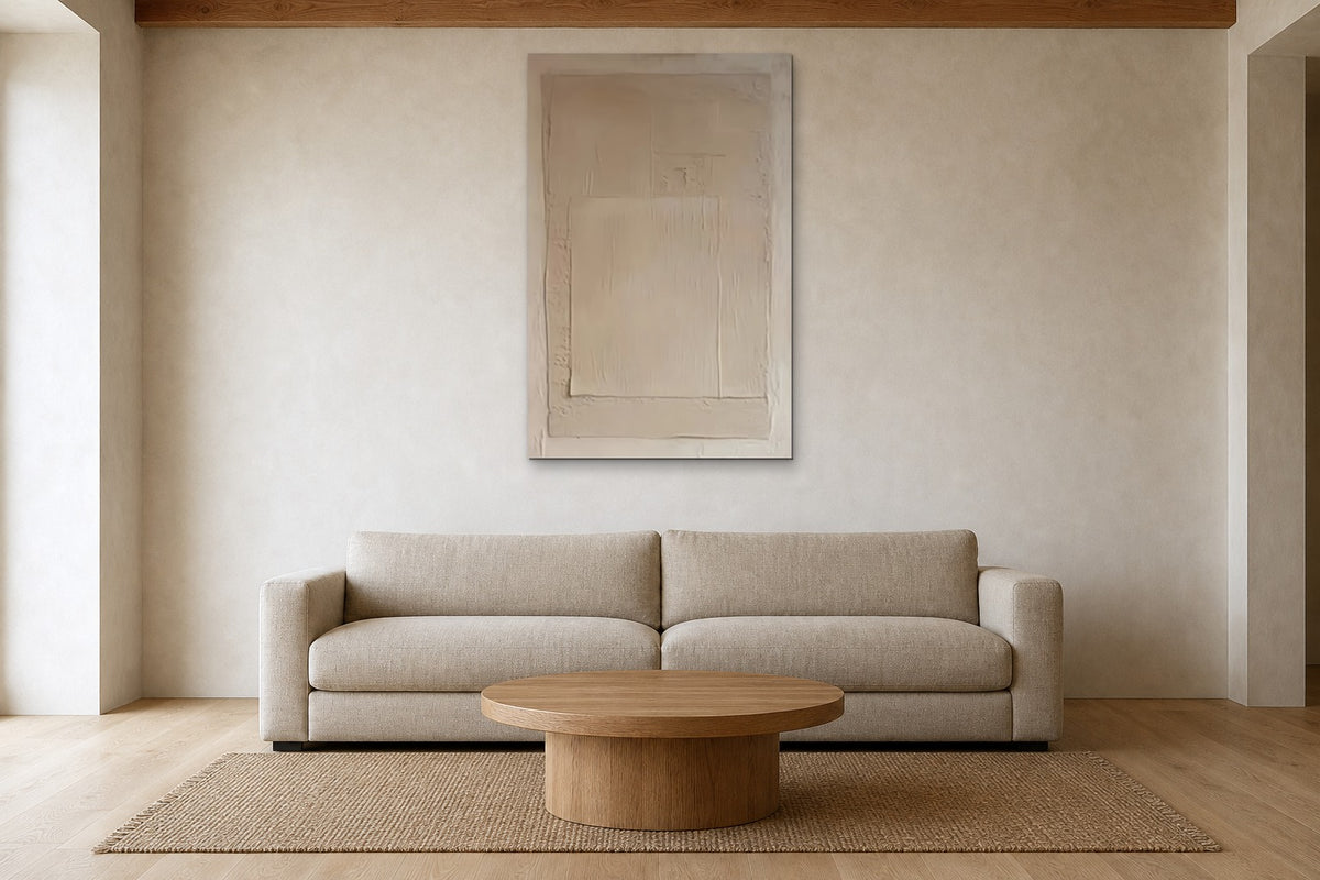 Plaster Frame shown at 80 × 120 cm above a 240 cm linen sofa