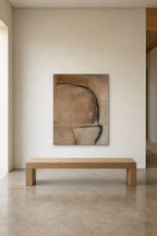 Arch in Clay shown at 90 × 120 cm above a 180 cm oak bench