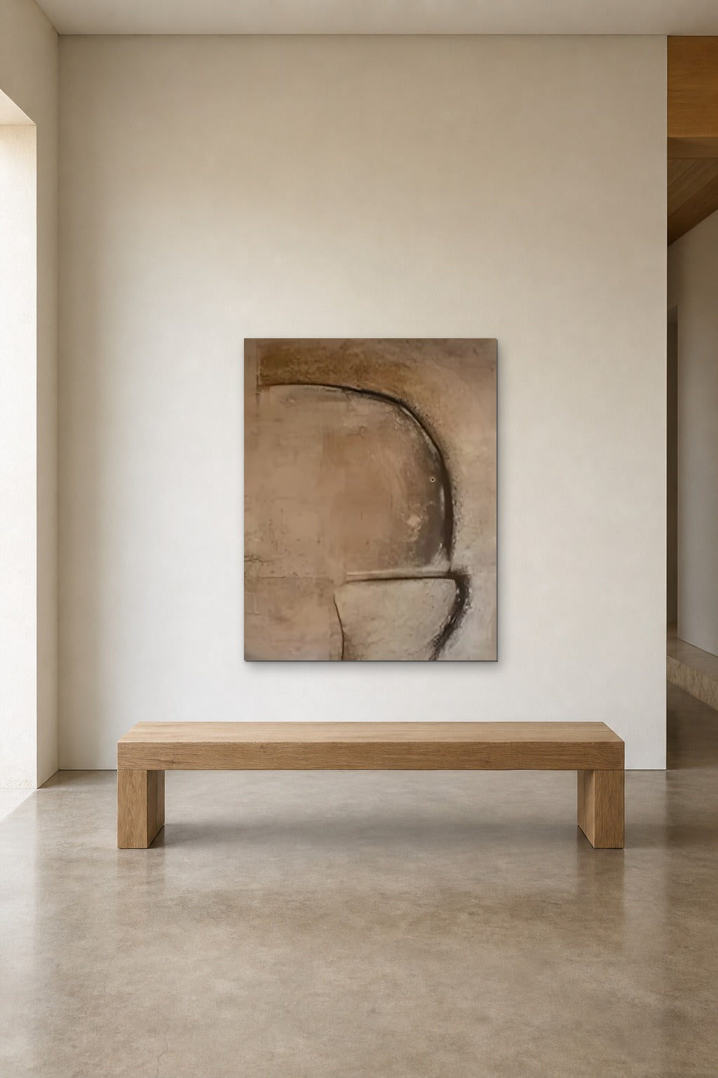 Arch in Clay shown at 90 × 120 cm above a 180 cm oak bench