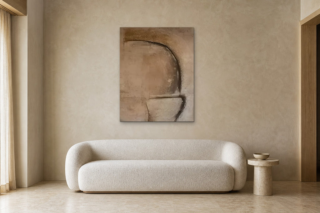 Arch in Clay shown at 90 × 120 cm above a 220 cm boucle sofa