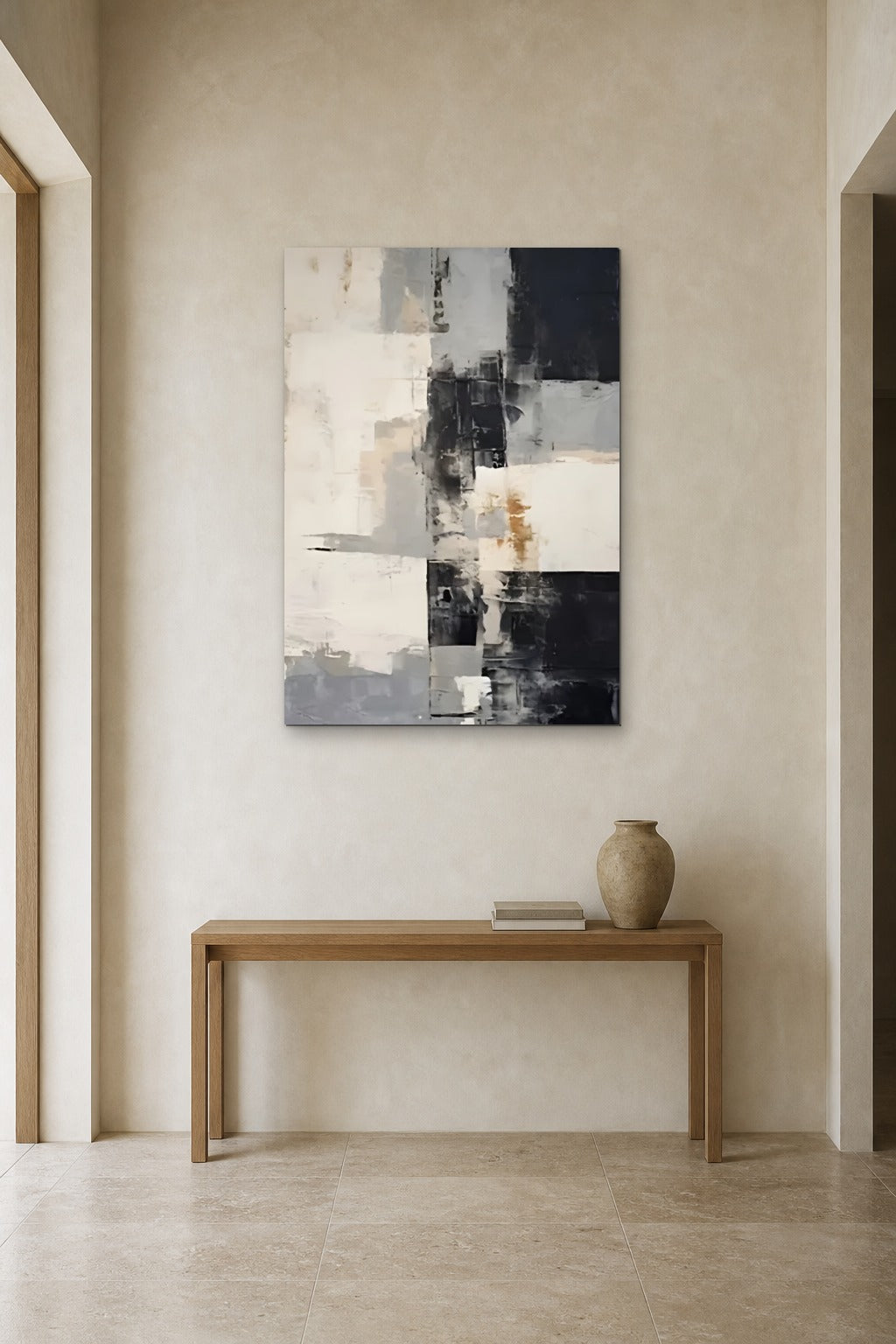 Black and Ivory shown at 90 × 120 cm above a 140 cm oak console