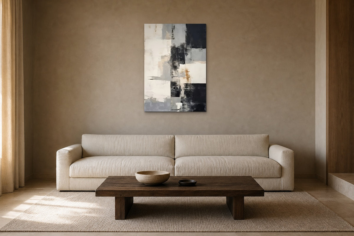 Black and Ivory shown at 60 × 90 cm above a 230 cm linen sofa